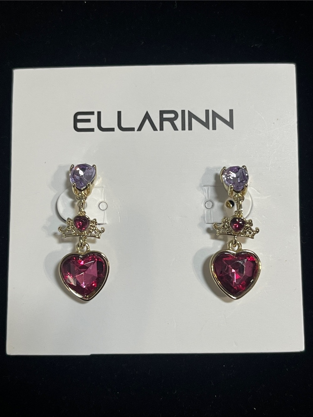 Gold-Tone Pink Heart Clip Drop Earrings with Purple Accent
